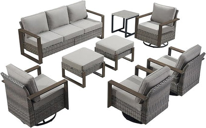 Rilyson Outdoor Wicker Patio Furniture Set - 8 Piece Patio Conversation Set with 4 Wicker Swivel Rocker Chairs,2 Rattan Ottoman 1 Side Table and 1 Couch,Thick Cushions,Deep Seating(Mixed Grey/Grey)