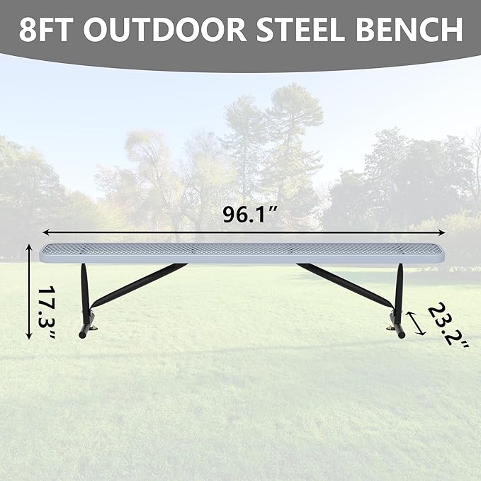 8 Feet Outdoor Steel Bench, Gray Heavy Duty Metal Park Bench for Outside, Weatherproof Dock Bench, 96" L Commercial Benches Mesh Bench for Shopping Mall, Store, Lawn, Park, Patio, Deck, Garden