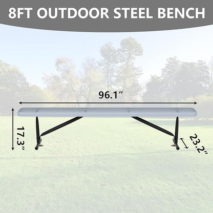 8 Feet Outdoor Steel Bench, Gray Heavy Duty Metal Park Bench for Outside, Weatherproof Dock Bench, 96" L Commercial Benches Mesh Bench for Shopping Mall, Store, Lawn, Park, Patio, Deck, Garden