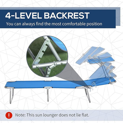 Outsunny Outdoor Lounge Chair, Adjustable Folding Chaise Lounge, Tanning Chair with Sun Shade for Beach, Camping, Hiking, Backyard, Blue
