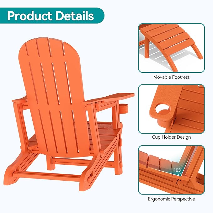 Vongrasig Adirondack Chairs Set of 2 with Removable Tabletop and Footrest, All-Weather HDPE Outdoor Chair Set with Wooden Textured, Cup Holder for Patio, Poolside, Deck, Garden, Orange