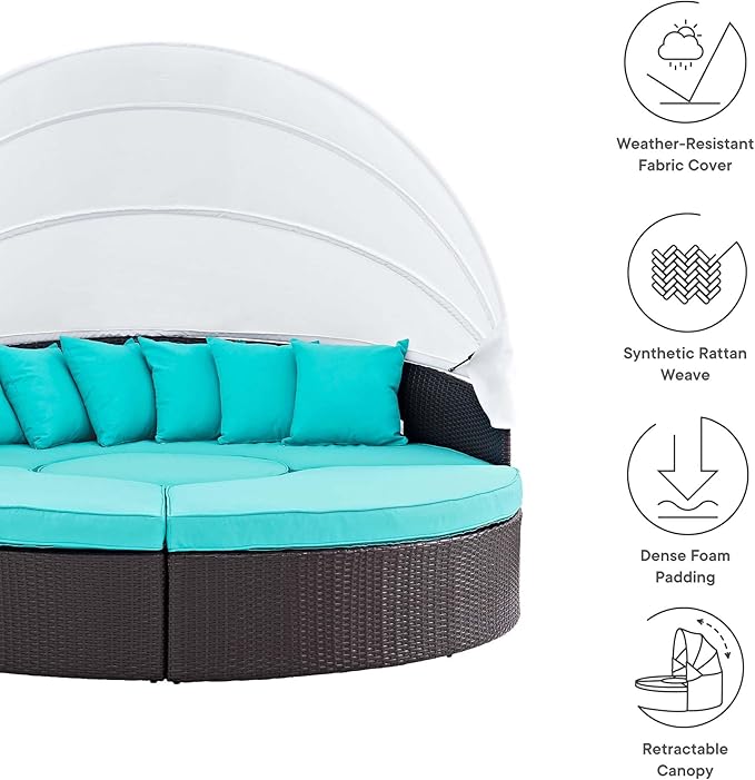 Modway Convene Wicker Rattan Outdoor Patio Retractable Canopy Round Poolside Sectional Sofa Daybed with Cushions in Espresso Turquoise
