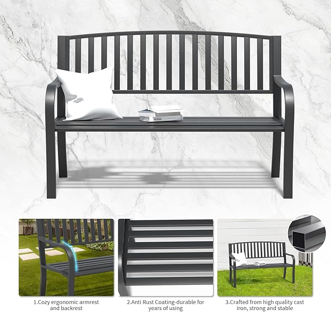 YLGJ&TIDY 50 Inches Garden Benches for Outdoor Patio Bench with Stripe Pattern Backrest Armrest Weatherproof Park Benches Metal Bench for Garden Park Porch Lawn Yard (BENCH08 2PCS)