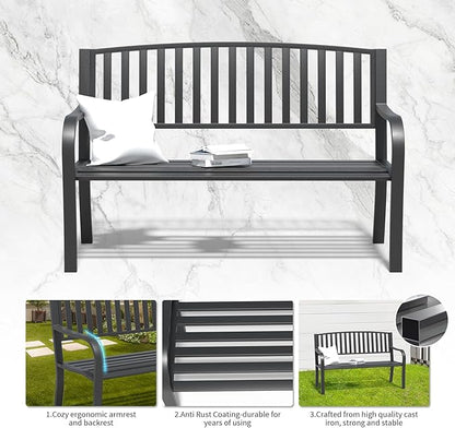 YLGJ&TIDY 50 Inches Garden Benches for Outdoor Patio Bench with Stripe Pattern Backrest Armrest Weatherproof Park Benches Metal Bench for Garden Park Porch Lawn Yard (BENCH08 2PCS)