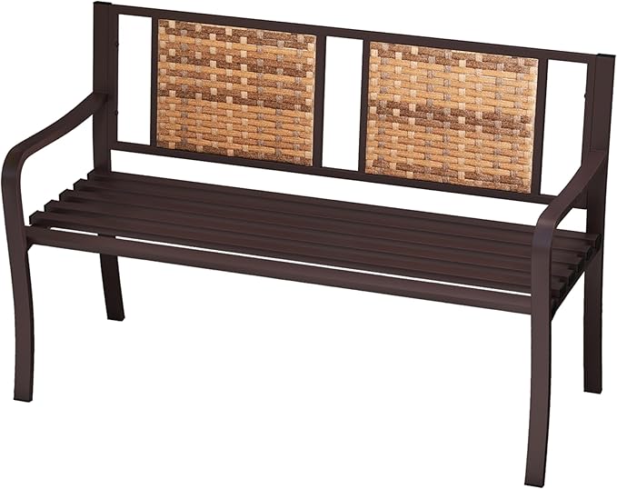 Tangkula Patio Garden Bench with Wicker Backrest, Outdoor Park Bench Chair with Powder Coated Steel Frame, Bench Loveseat for Outdoor Garden, Backyard, Lawn, Porch, Path, Deck