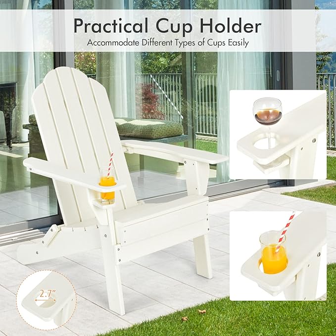 Giantex Adirondack Chair Outdoor Folding Chairs, HDPE Weather Resistant Patio Chair with Built-in Cup Holder Lawn Chair for Patio, Backyard, Balcony, Deck Outside Plastic Fire Pit Chair (4, White)