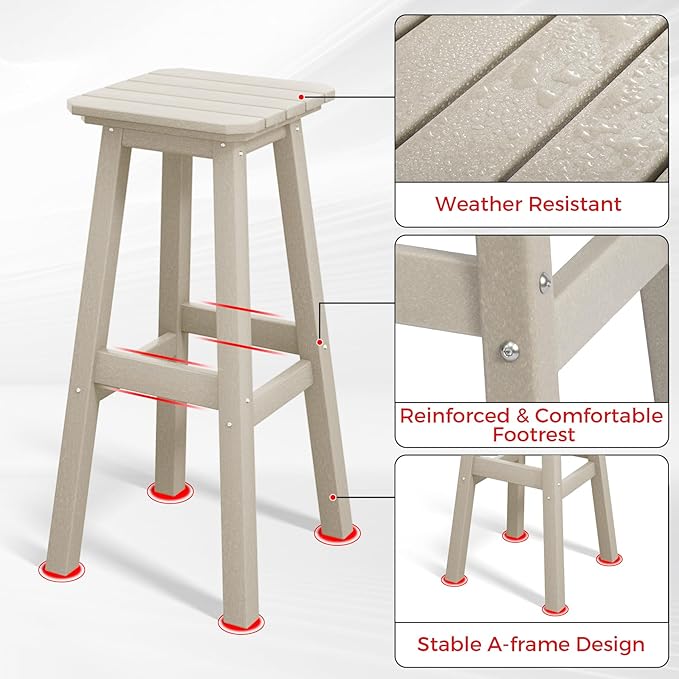 Costaelm 29" Height Outdoor Bar Stools, All-Weather Bar Stools, Adirondack Poly Patio Square Bar Stool for Patio, Deck, Kitchen Counter and Garden, Sand