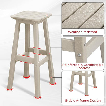 Costaelm 29" Height Outdoor Bar Stools, All-Weather Bar Stools, Adirondack Poly Patio Square Bar Stool for Patio, Deck, Kitchen Counter and Garden, Sand