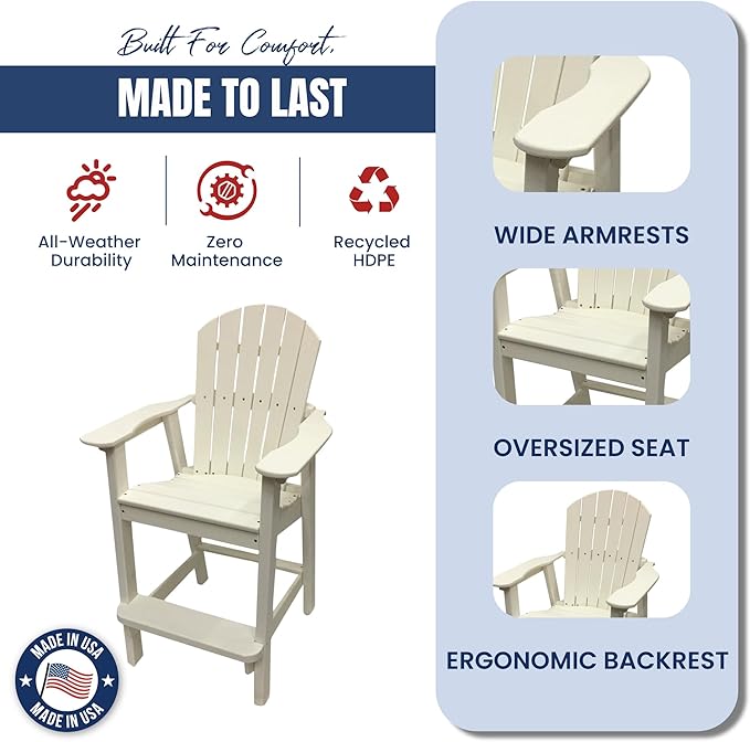 Phat Tommy Tall Adirondack Chair - HDPE Outdoor Furniture - Poly Adirondack Bar Stool - Heavy, Stress Free Furniture for Balcony, Deck, Patio, Front Porch, White