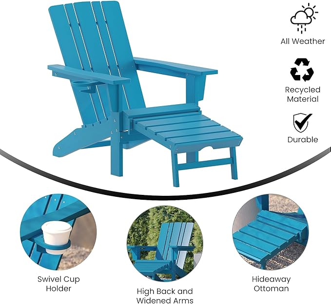 Flash Furniture Halifax Poly Resin Adirondack Chair with Cup Holder and Pull Out Ottoman, All-Weather Poly Resin Indoor/Outdoor Lounge Chair, Set of 2, Blue