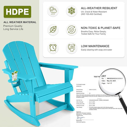 Outdoor Rocking Chair, HDPE Poly All-Weather Patio Rocking Chairs with Cup Holder for Adults, Porch Rocker for Deck Patio Balcony, 440lbs, Turquoise