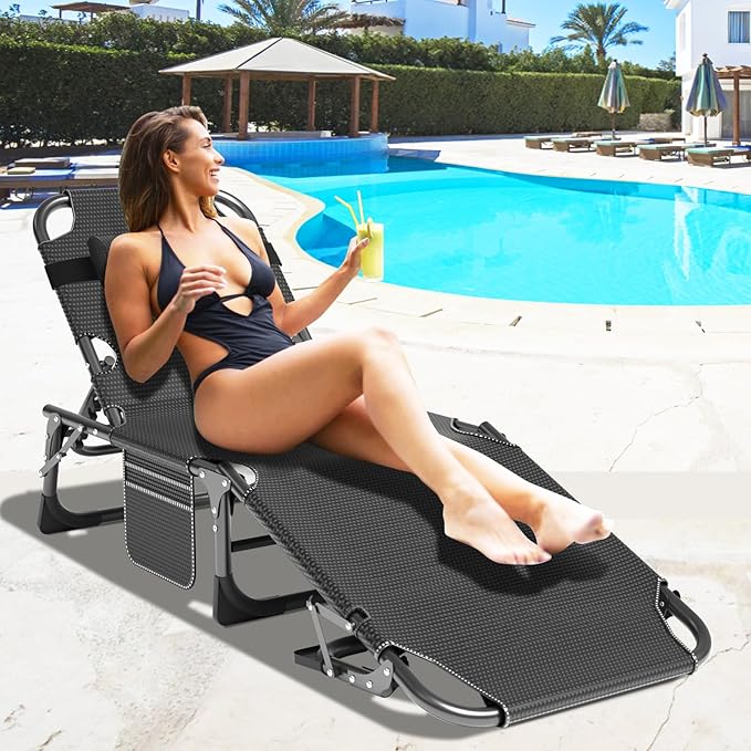 ABORON Heavy Duty Tanning Chair, 5-Gear Outdoor Folding Chaise Lounge Chair with Cushion - Photo 2