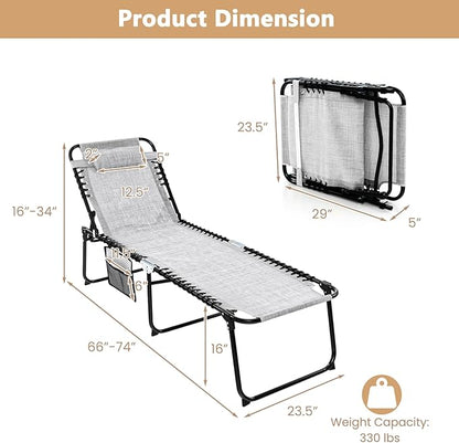 Tangkula Beach Lounge Chair for Outside, Folding Chaise Lounge Outdoor with 4-Position Backrest, Removable Headrest and Side Pocket, Portable Sunbathing Tanning Chair for Patio, Poolside (2, Grey)