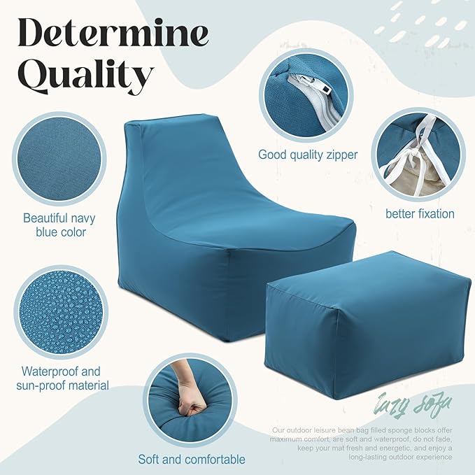 Outdoor Bean Bag Chair with Ottoman, Large Patio Lounge Chair for Adults, Thick Filled Lounger for Pool, Deck - Photo 4
