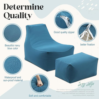 Outdoor Bean Bag Chair with Ottoman, Large Patio Lounge Chair for Adults, Thick Filled Lounger for Pool, Deck, Backyard Relaxation Seating(Dark Blue,Minimalist)