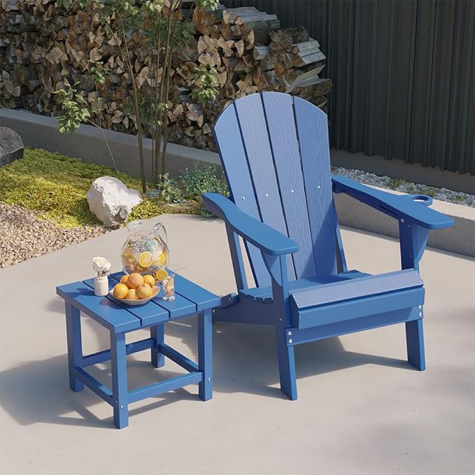 Folding Adirondack Chairs with Cup Holders, Set of 4 HDPE Plastic Outdoor Chairs, Weather Resistant, Real Wood Look - Photo 7