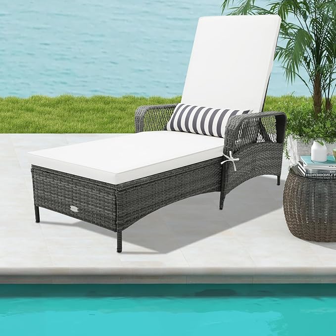 HAPPYGRILL Patio Rattan Chaise Lounge, Outdoor PE Wicker Sun Lounger with Adjustable Backrest - Photo 2
