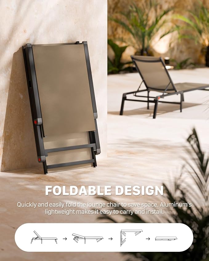 Aluminum Chaise Foldable Patio Lounge Chair Outdoor, Metal Deck Lounger Adjustable 5-Position Recliner Pool Chase Breathable Full Flat Outside Sun Tanning Chairs for Beach/Poolside/Lawn(Khaki, 1 Pack)