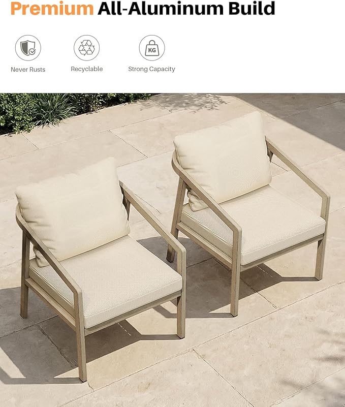Patio Sofa Chairs Set of 2, Never-Rust Aluminum Outdoor Armchair with Thick Cushions, All Weather 2 Pieces Outdoor Club Chairs, Outdoor Sofa Chairs for Deck, Backyard, Porch, Gray Oak | Never-Rust, Wood-Grain Texture, Wraparound Design, All Weather, Re...
