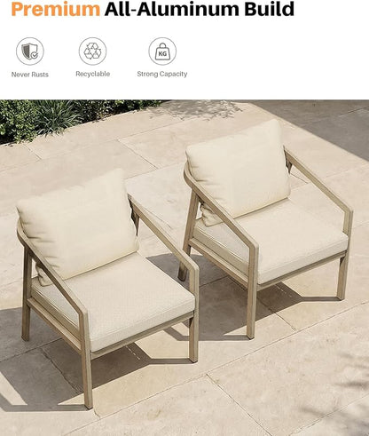 Patio Sofa Chairs Set of 2, Never-Rust Aluminum Outdoor Armchair with Thick Cushions, All Weather 2 Pieces Outdoor Club Chairs, Outdoor Sofa Chairs for Deck, Backyard, Porch, Gray Oak | Never-Rust, Wood-Grain Texture, Wraparound Design, All Weather, Re...