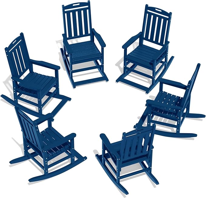 LOUNZY Outdoor Rocking Chair with Footboards Set of 6, HDPE Rocking Chair Patio Porch Rocker with 380lbs Support for Adult, Navy