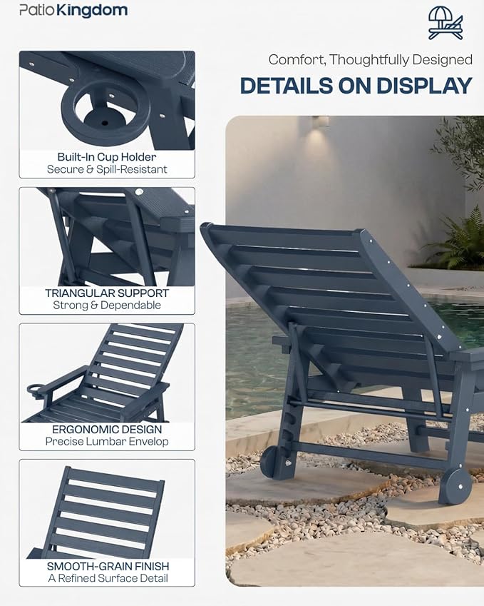 5-Position Adjustable Lounge Chair Outdoor Set of 6, HDPE Outdoor Chaise Lounge with Cup Holder & Wheels - Photo 3