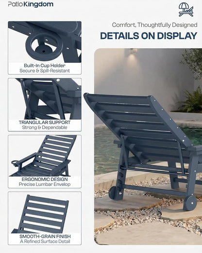 5-Position Adjustable Lounge Chair Outdoor Set of 2 with Umbrella, HDPE Outdoor Chaise Lounge with Cup Holder & Wheels, Pool Lounge Chairs for Poolside, Beach, Deck, Navy Blue