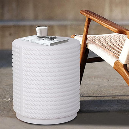 Afterglow Terrafab Material Outdoor Round Side Table, Natural Decorative Garden Stools, Round Woven Texture Accent Table, Stool, Unique End Table for Living Room Bedroom Patio Home Decor, White