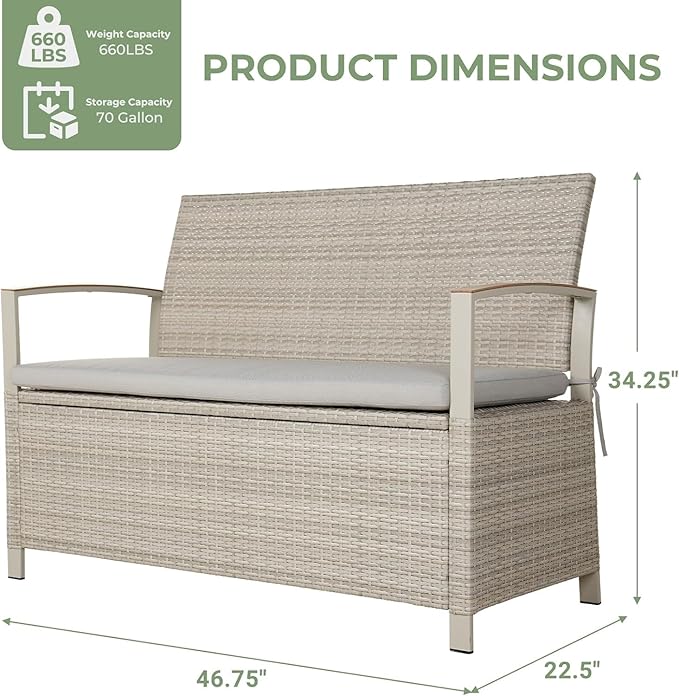 Grand patio Outdoor Storage Bench Deck Box with Olefin Cushion, Wicker Deck Box with Water Resistant Bag, Outdoor Seating for Front Porch, Store Garden Tools and Pool Storage (Grey)