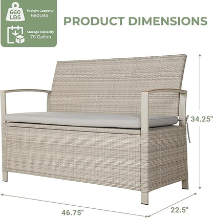 Grand patio Outdoor Storage Bench Deck Box with Olefin Cushion, Wicker Deck Box with Water Resistant Bag, Outdoor Seating for Front Porch, Store Garden Tools and Pool Storage (Grey)