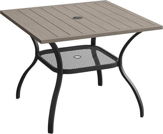 VICLLAX 37.8" Square Outdoor Patio Table, All Weather Metal Outdoor Dining Table for Lawn Garden, Grey Wood-Like Tabletop