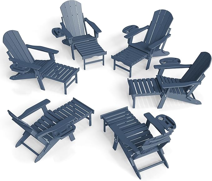 FOOWIN Adirondack Chair with Retractable Ottoman,HDPE Folding Adjustable Adirondack Chair w/4 in 1 Cup Holder Trays,All-Weather Resistant Fire Pit Chair for Outdoor Patio Lawn Set of 6