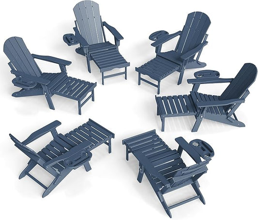 FOOWIN Adirondack Chair with Retractable Ottoman,HDPE Folding Adjustable Adirondack Chair w/4 in 1 Cup Holder Trays,All-Weather Resistant Fire Pit Chair for Outdoor Patio Lawn Set of 6