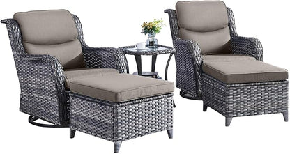 Rilyson Wicker Patio Furniture Set - 5 Piece Rattan Outdoor Sectional Conversation Sets with 2 Swivel Rocking Chairs,2 Ottomans and 1 Side Table for Porch Deck Garden(Mixed Grey/Grey/Smile)