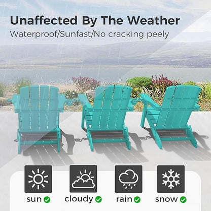 Folding Adirondack Chair Wood Texture 6 Pack, HDPE All-Weather Fire Pit Chairs, Plastic Adirondack Chairs with 2 Cup Holder, Outdoor Lawn Chair for Patio Garden (Lake Blue)
