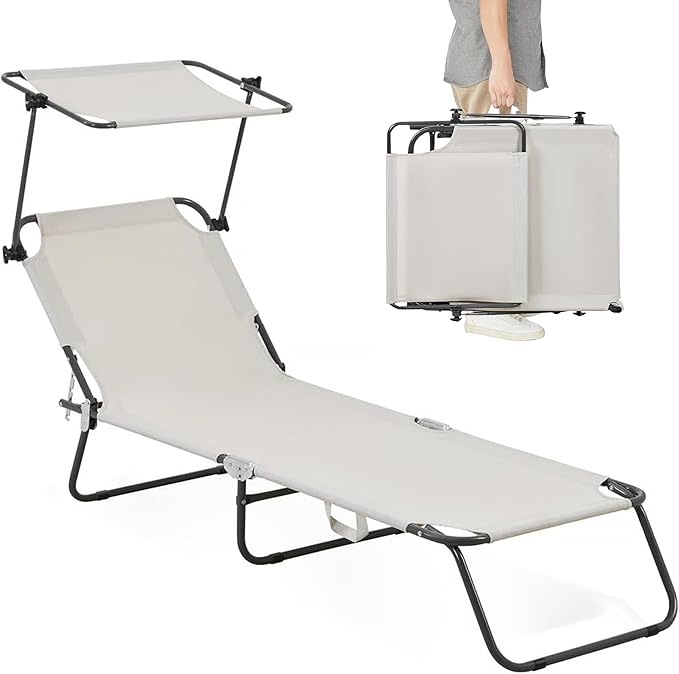 Folding Outdoor Lounge Chair with Canopy - Portable & Adjustable Beach Lounge Chair - 5 Positions, Carry Handles, 600D Fabric, 265 lbs Capacity – Tanning Chaise Lounge for Beach, Patio, Lawn