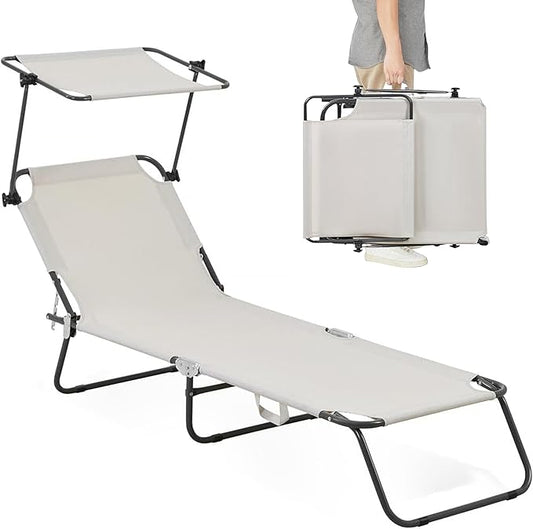 Folding Outdoor Lounge Chair with Canopy - Portable & Adjustable Beach Lounge Chair - 5 Positions, Carry Handles, 600D Fabric, 265 lbs Capacity – Tanning Chaise Lounge for Beach, Patio, Lawn