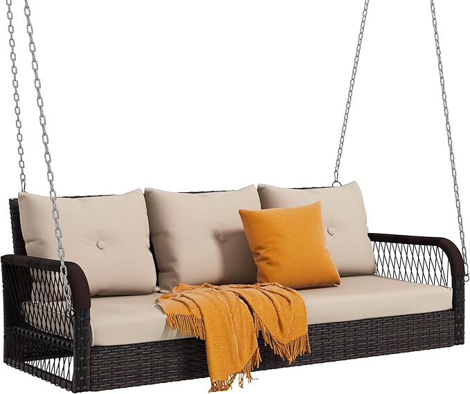 DWVO 3 Seats Porch Swing Hanging Bench Swing Outdoor Wicker Patio Swing Lounge Front Rattan 794lbs for Garden, Balcony - Photo 7