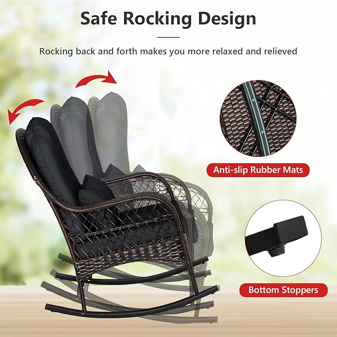 ORALNER Wicker Patio Rocking Chair, Outdoor PE Rattan Rocker with Seat and Back Cushion, Waist Pillow, Armrests, Garden Chair for Porch, Backyard, Poolside, Deck (1, Black)