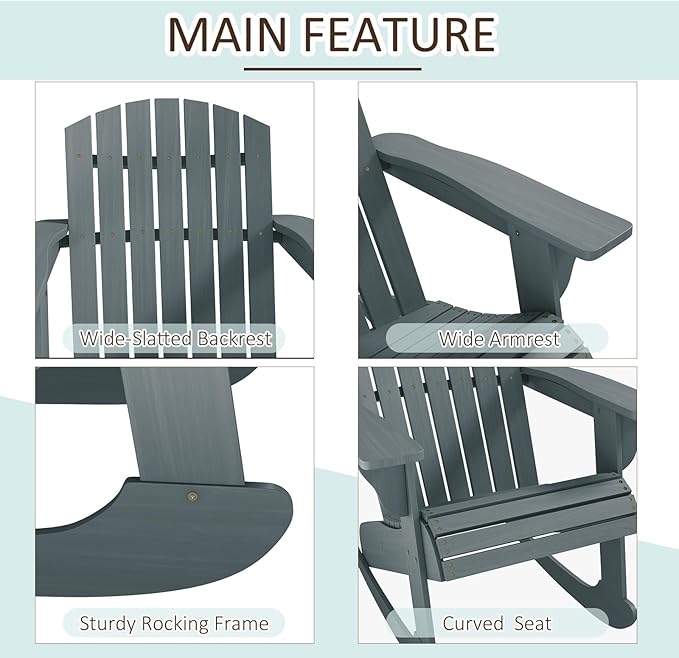 Outsunny Wooden Adirondack Rocking Chair Outdoor Lounge Chair Fire Pit Seating with Slatted Wooden Design, Fanned Back, & Classic Rustic Style for Patio, Backyard, Garden, Lawn, Gray