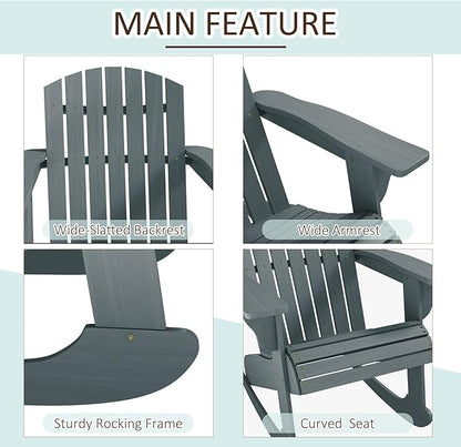 Outsunny Wooden Adirondack Rocking Chair Outdoor Lounge Chair Fire Pit Seating with Slatted Wooden Design, Fanned Back, & Classic Rustic Style for Patio, Backyard, Garden, Lawn, Gray
