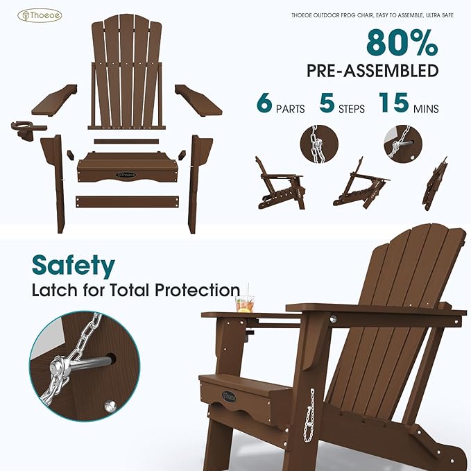 Folding Adirondack Chair Set of 2, HDPE All-Weather Outdoor Chair with Cup Holder, Wooden Textured, Fire Pit Chair - Photo 4