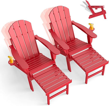 GREENVINES Adjustable Adirondack Chair with Retractable Ottoman Set of 2 | Folding | HDPE Plastic | Fire Pit Chairs w/Foot Rest | 2 Cup Holders | Red | for Outdoor Patio Poolside Deck