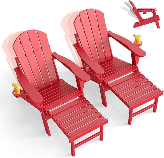 GREENVINES Adjustable Adirondack Chair with Retractable Ottoman Set of 2 | Folding | HDPE Plastic | Fire Pit Chairs w/Foot Rest | 2 Cup Holders | Red | for Outdoor Patio Poolside Deck