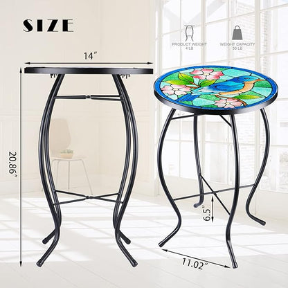 VCUTEKA Patio Side Table Outdoor Accent Table Bistro Coffee Table Plant End Table Small Porch Table Indoor Round Glass Balcony Bluebird Plant Table Stands