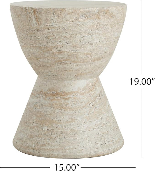 Christopher Knight Home Outdoor Side Table,Hourglass Shape Side Table,Patio Garden Stool Coffee End Table,Decorative Garden Stool for Patio,or Balcony,Lightweight Concrete Material,Travertine
