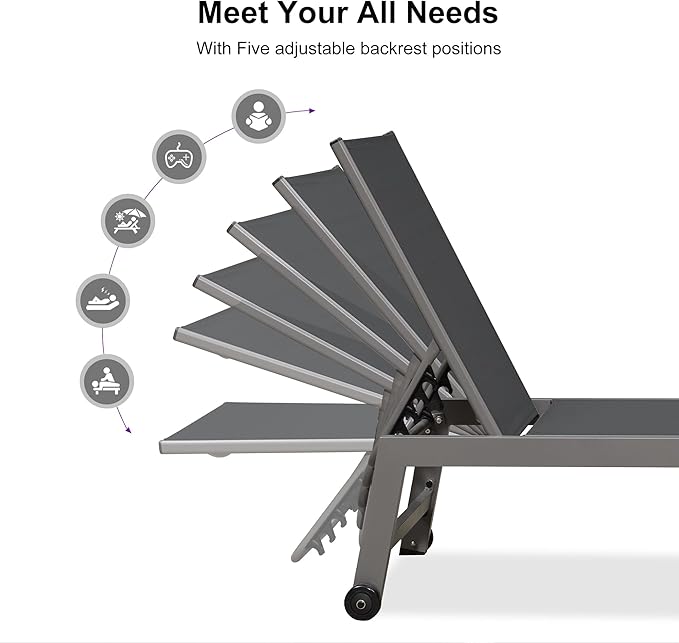 PURPLE LEAF 6-Piece Patio Chaise Lounge Outdoor Pool Lounge Chairs with Adjustable Backrest and Side Tables Aluminum - Photo 4