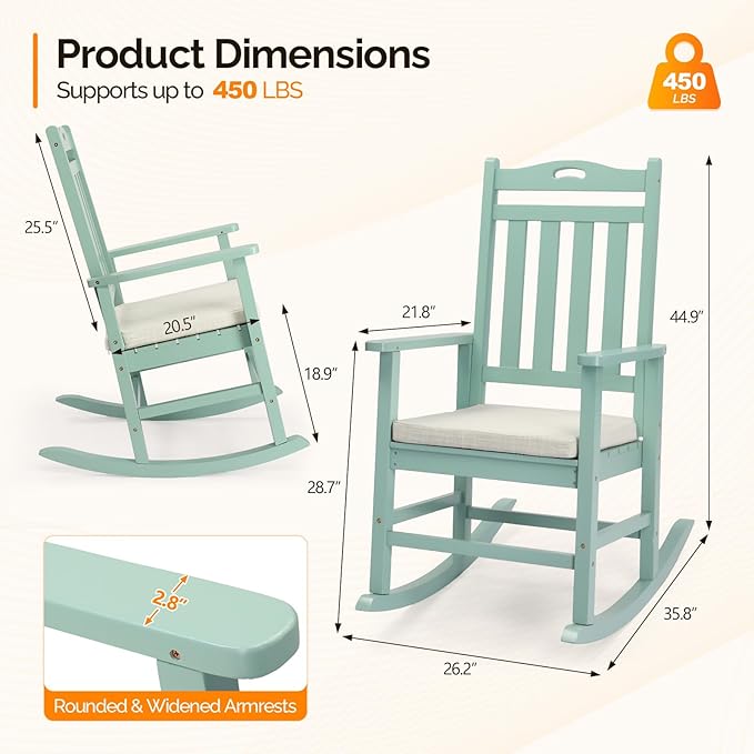 VINGLI Outdoor Rocking Chair, Heavy Duty 450 lbs Poplar Wooden Rocking Chair with High Backrest Design, Come with a Cushion, All-Weather Lounge Rocker Support for Garden, Deck (Mine Green, 1 PC)