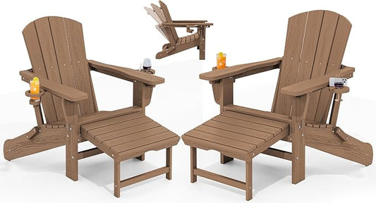 KINGYES Folding Adjustable Adirondack Chair with Ottoman & 2 Cup Holders Set of 2, HDPE Adirondack Recliner Chair with Footrest, Brown