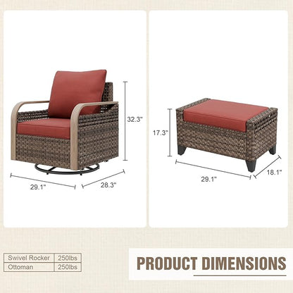 Modern Wicker Outdoor Swivel Rocking Chairs, Rattan Glider Rocker Patio Furniture for Backyard, Deck, Porch, Garden, 2 Chairs 2 Ottomans, Brown/Red